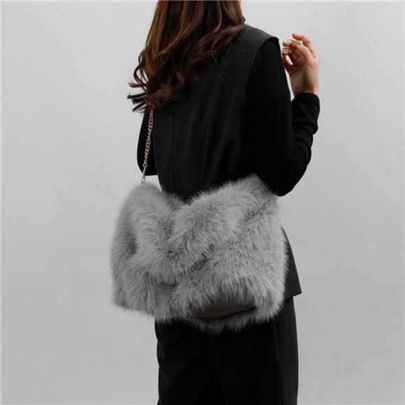 Furry Purse Winter Fluffy Bags Light Grey - Picture 2 of 4